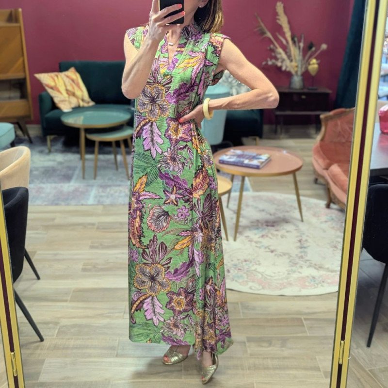 6529 ROBE LONGUE COL MAO GLAM PRINT VERT FLOWER