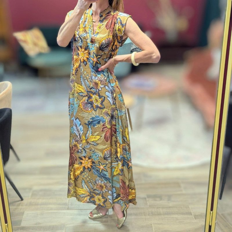 6530 ROBE LONGUE COL MAO GLAM PRINT TABAC FLOWER