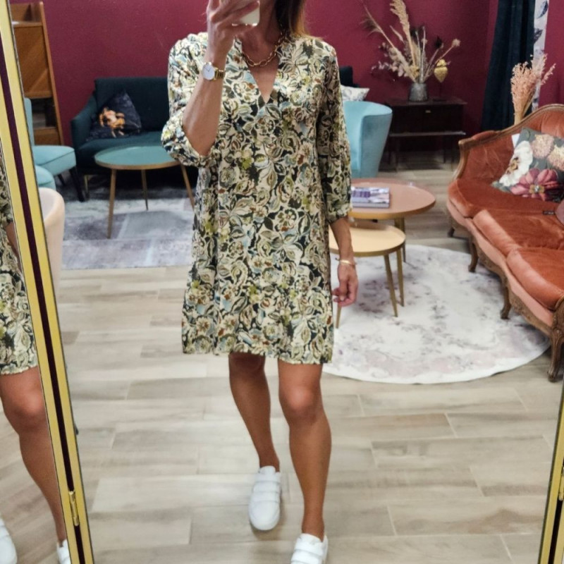 7032 ROBE FOLK COURTE KAKI FLOWER