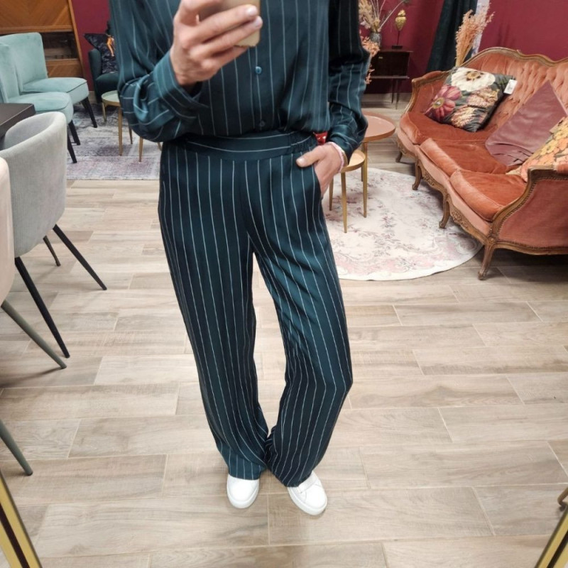7245 PANTALON FLUIDE VERT RAYE SILKY