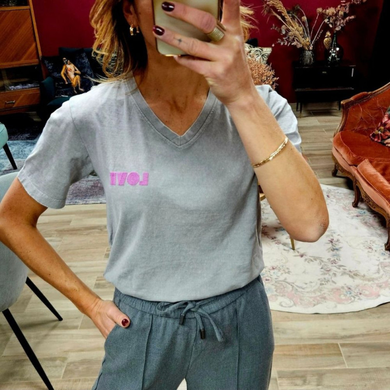 7440 TSHIRT SOLKO GRAY LOVE ROSE